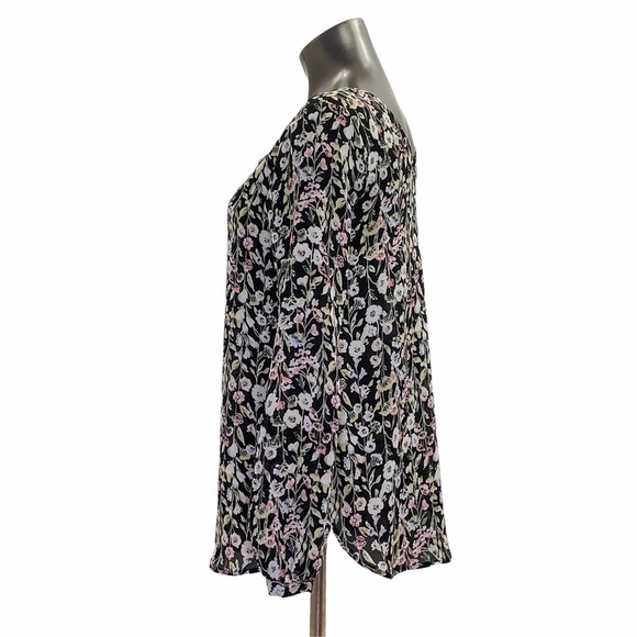 LAUREN Conrad Black Multicolored Floral Print V-Neck Tie bust Long Sleeve Blouse - Picture 3 of 12